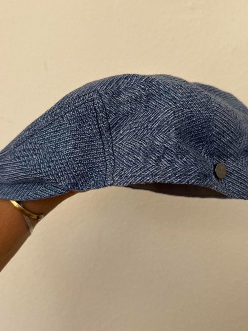 Lierys Blue herringbone tweed beret with white flecks
